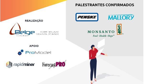 Realização: Belge Consultoria. Apoio: ProModel Rapidminer ForecastPro. Palestrantes Confirmados: Penske, Mallory, Monsanto Food Health Hope. 
